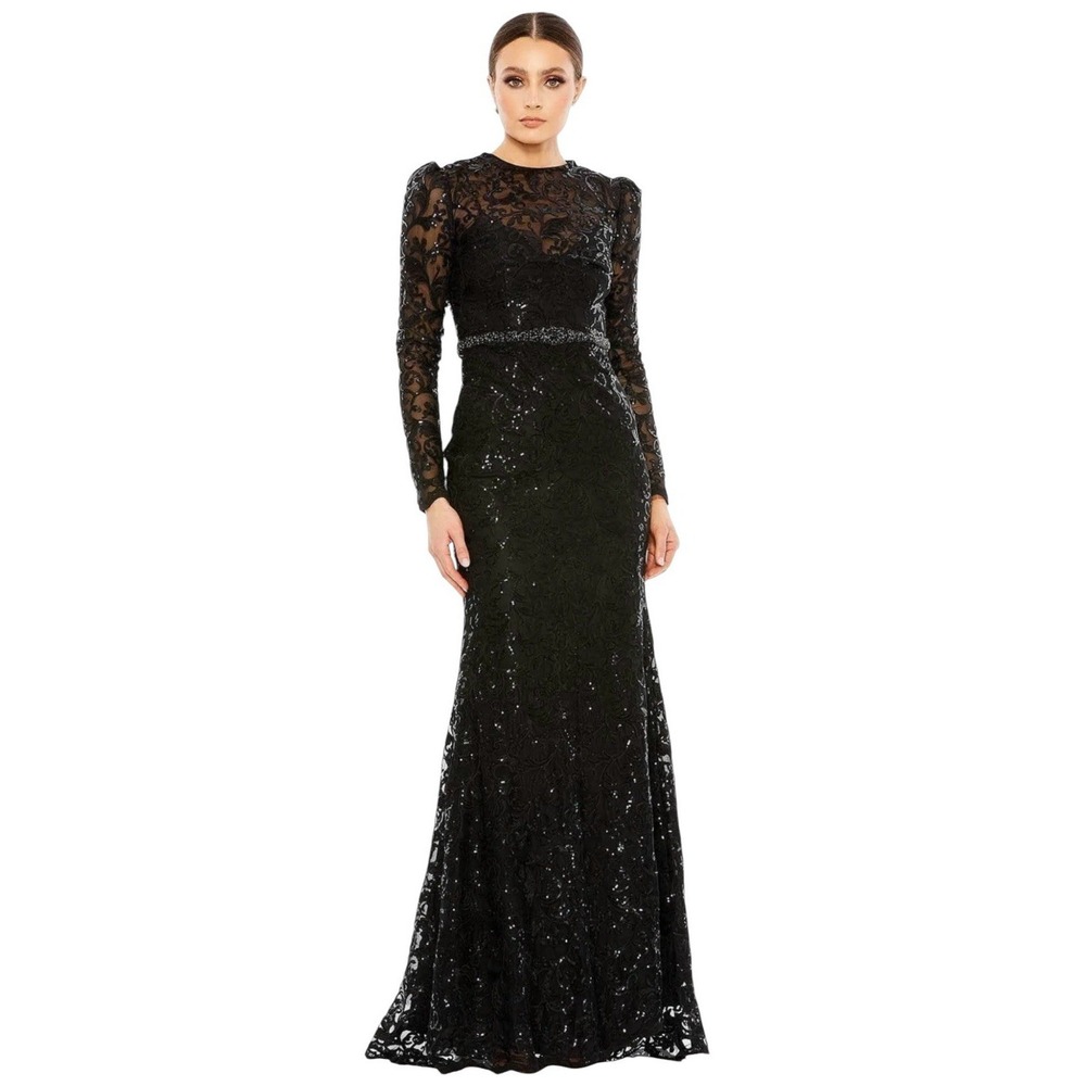 Mac Duggal 68011 Black Embellished Lace Illusion Long Sleeve Gown Size 6 $698
